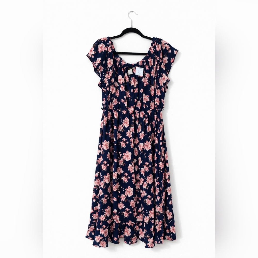 Womans Navy Floral Dress with Pink Roses